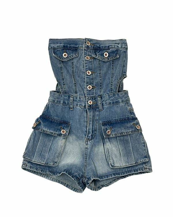 Side cut denim all-in-one