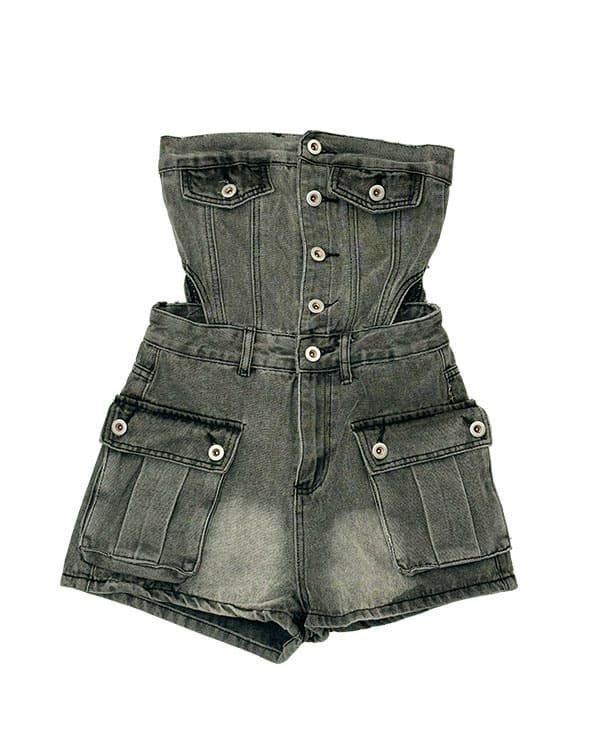 Side cut denim all-in-one