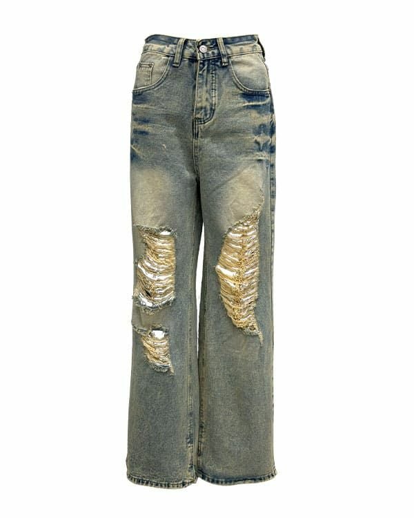 Distressed loose denim pants