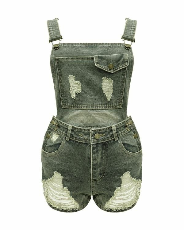 Damaged denim mini overalls