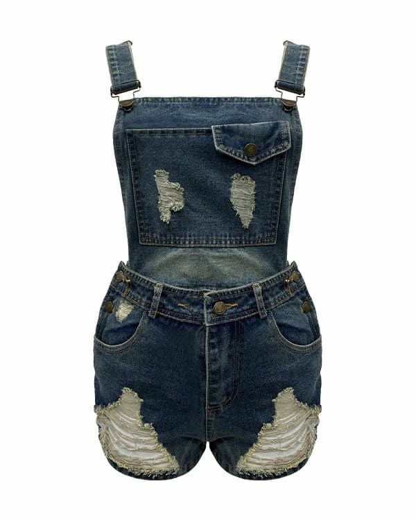 Damaged denim mini overalls