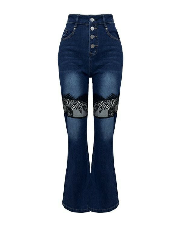 Lace switching flare denim