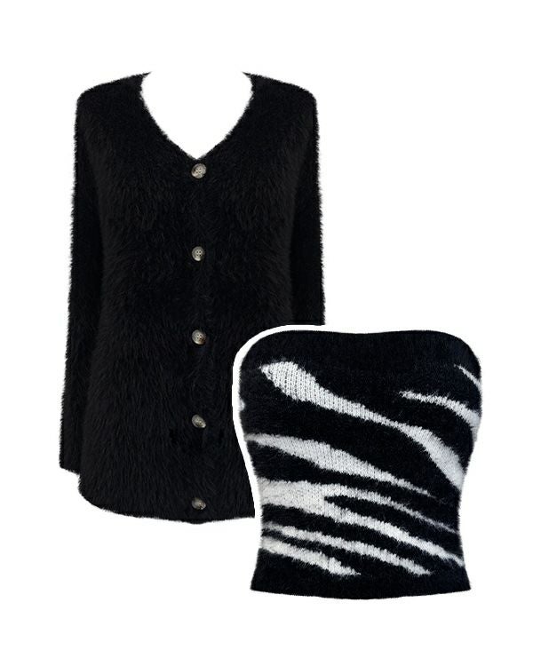 Animal print shaggy cardigan set