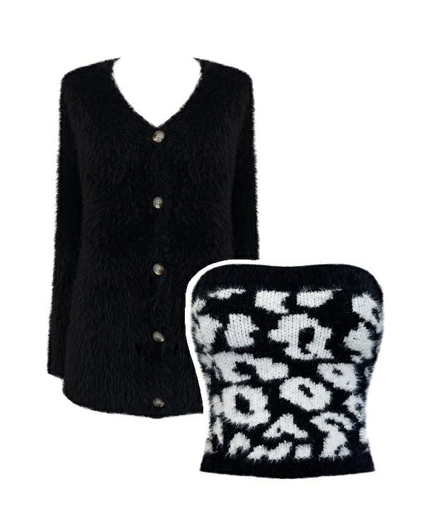 Animal print shaggy cardigan set