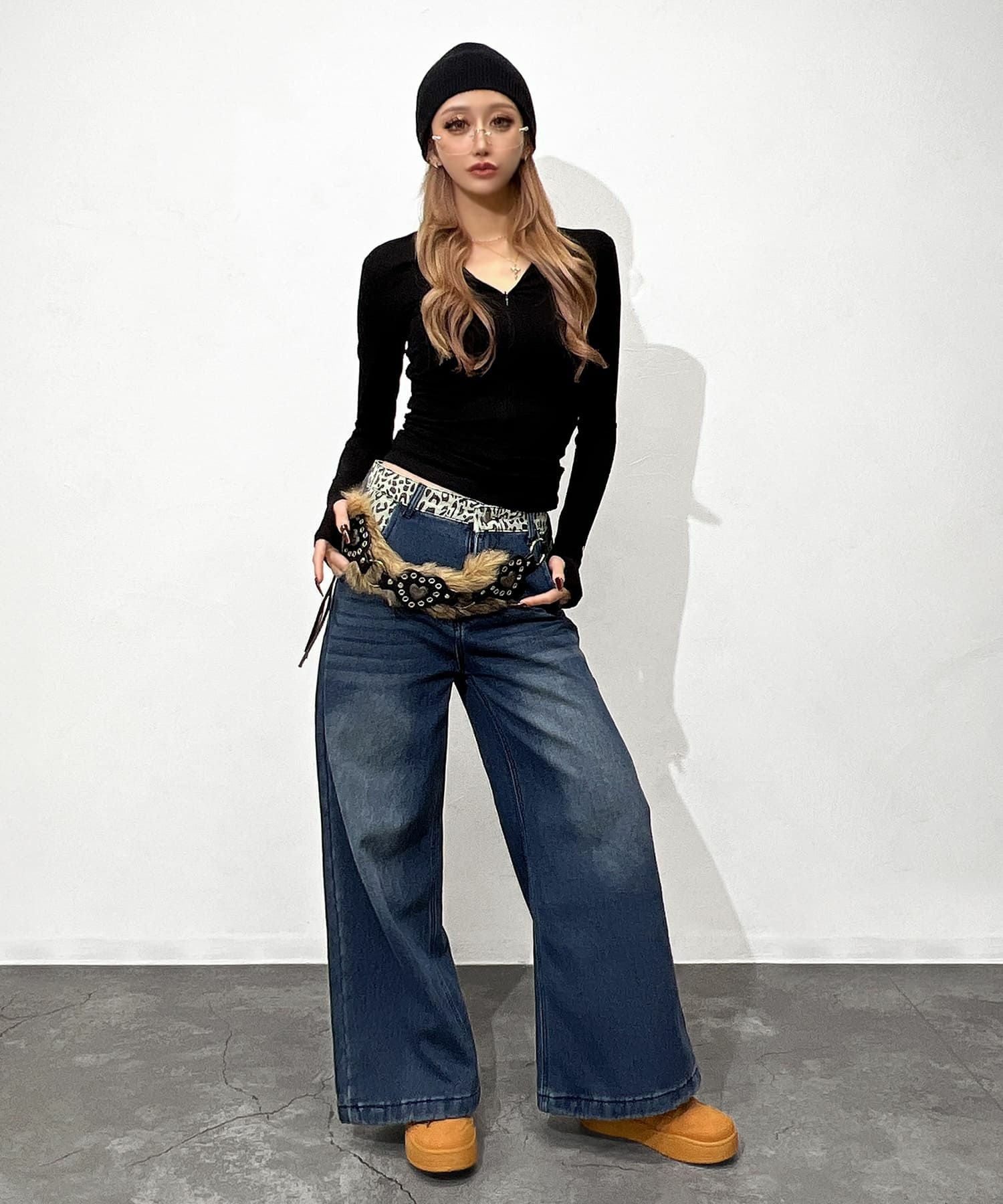 Leopard switching curve pants with belt