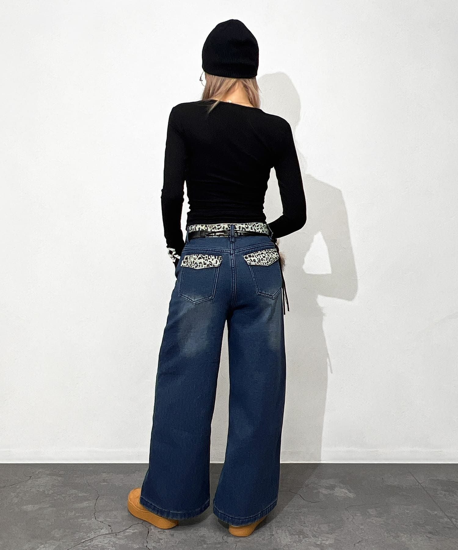 Leopard switching curve pants with belt
