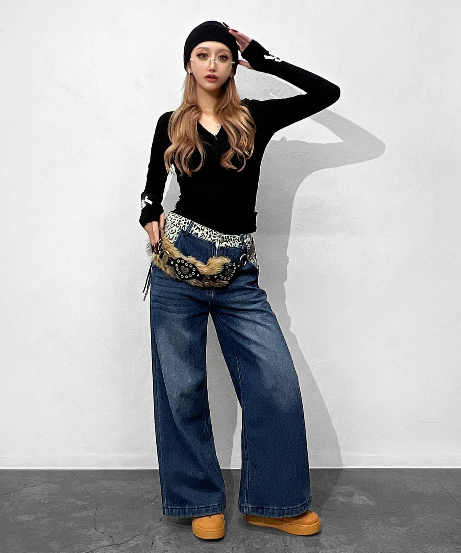 Leopard switching curve pants with belt