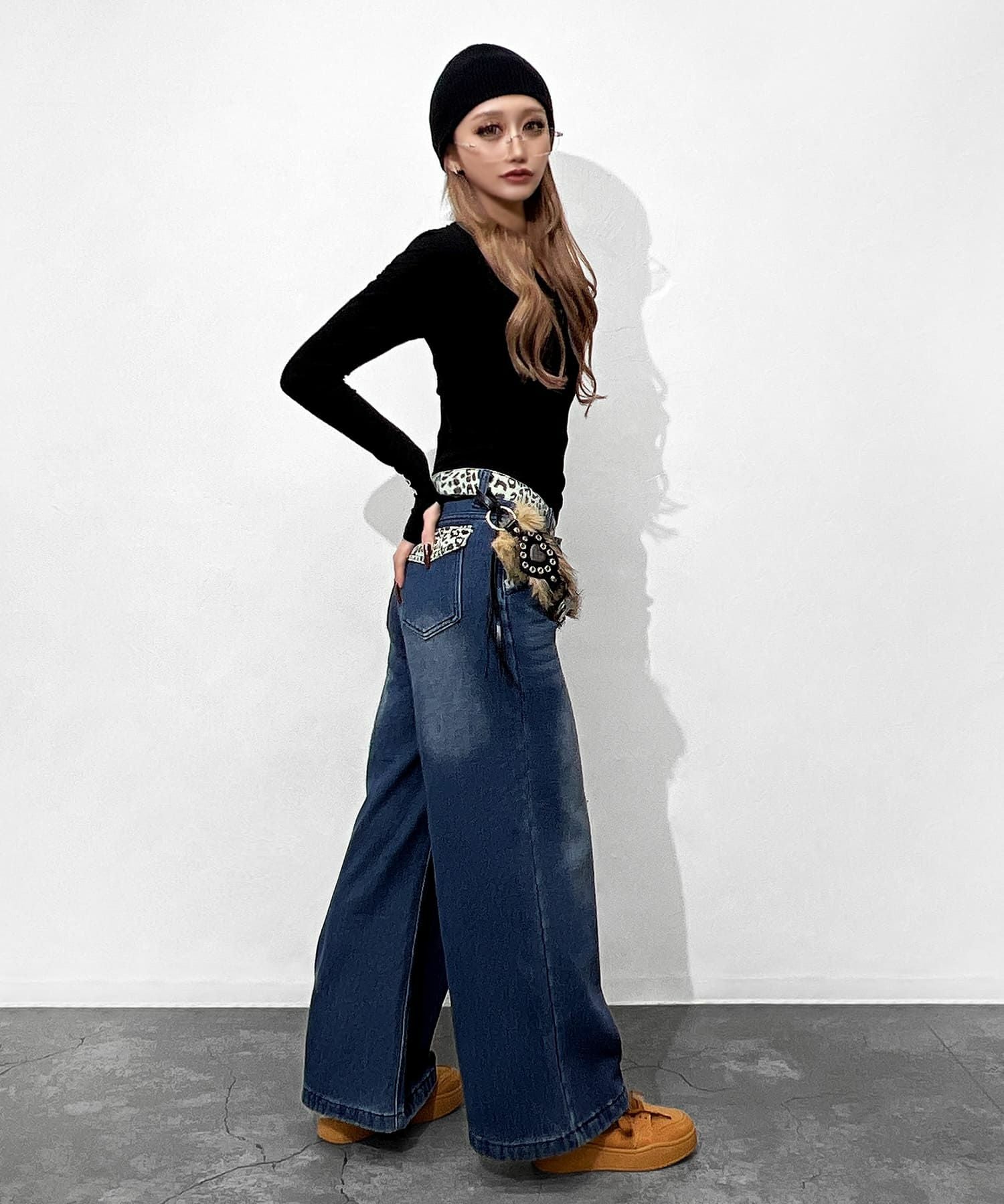 Leopard switching curve pants with belt