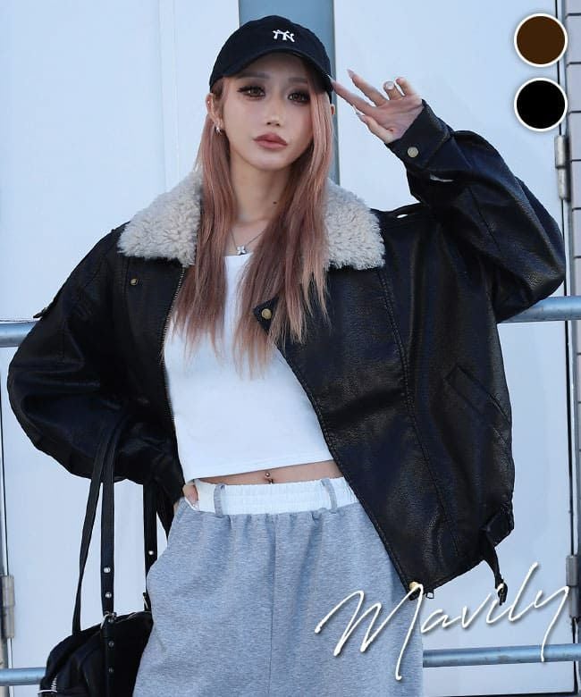 ボア襟付きレザージャケット | レディースギャルファッション通販