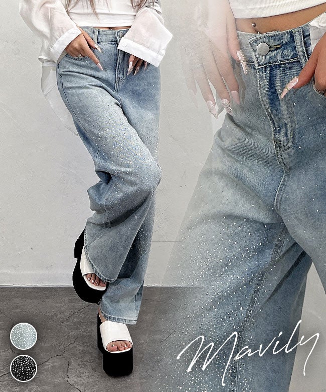 ストーン付きデニムワイドパンツ