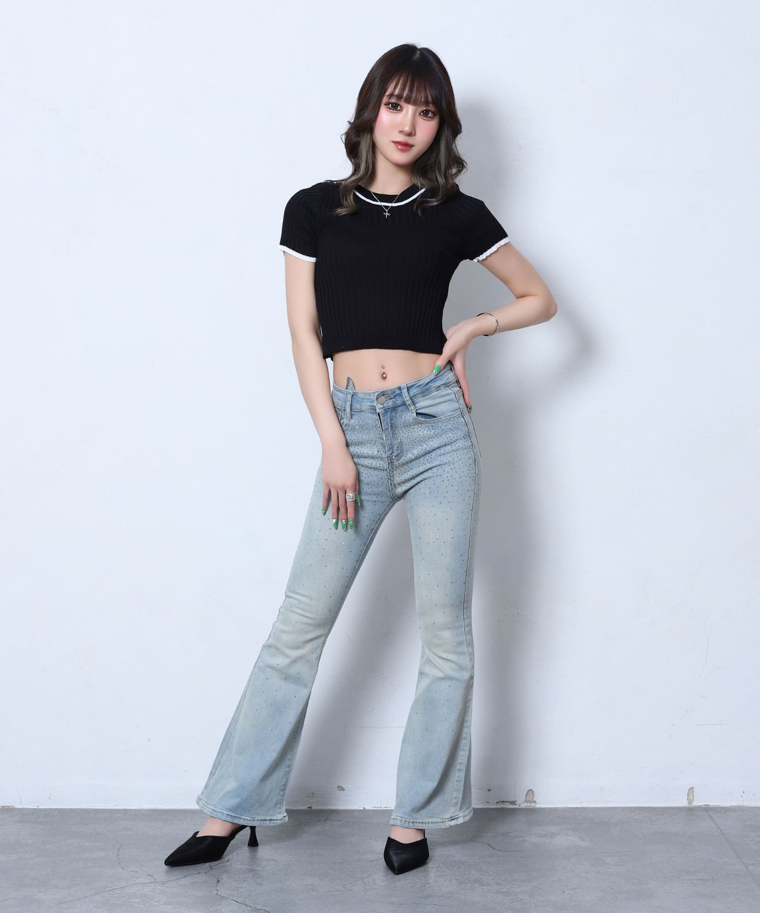 Flared denim with stones
