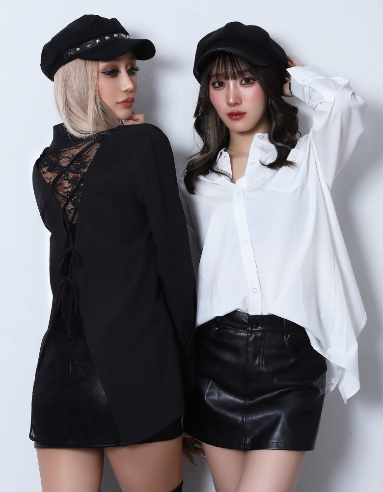 ヒョリ様　トップス　black サイズフリー バックレースアップレースシャツ | レディースギャルファッション通販