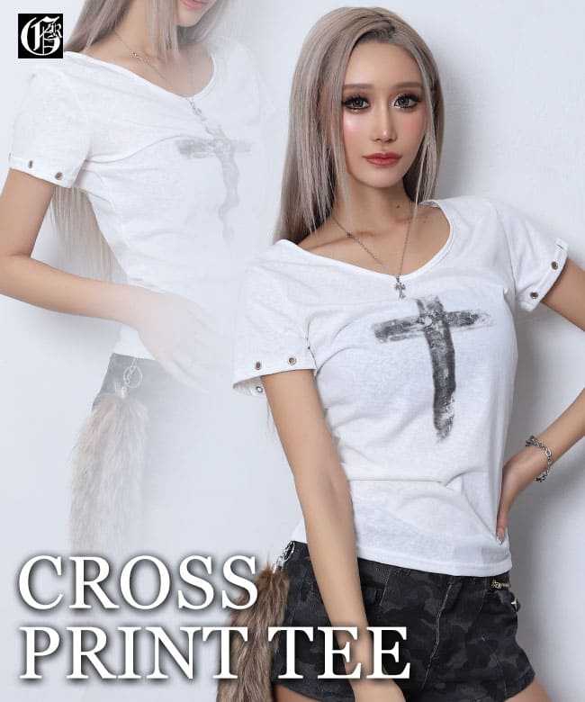 Sleeve eyelet cross print T