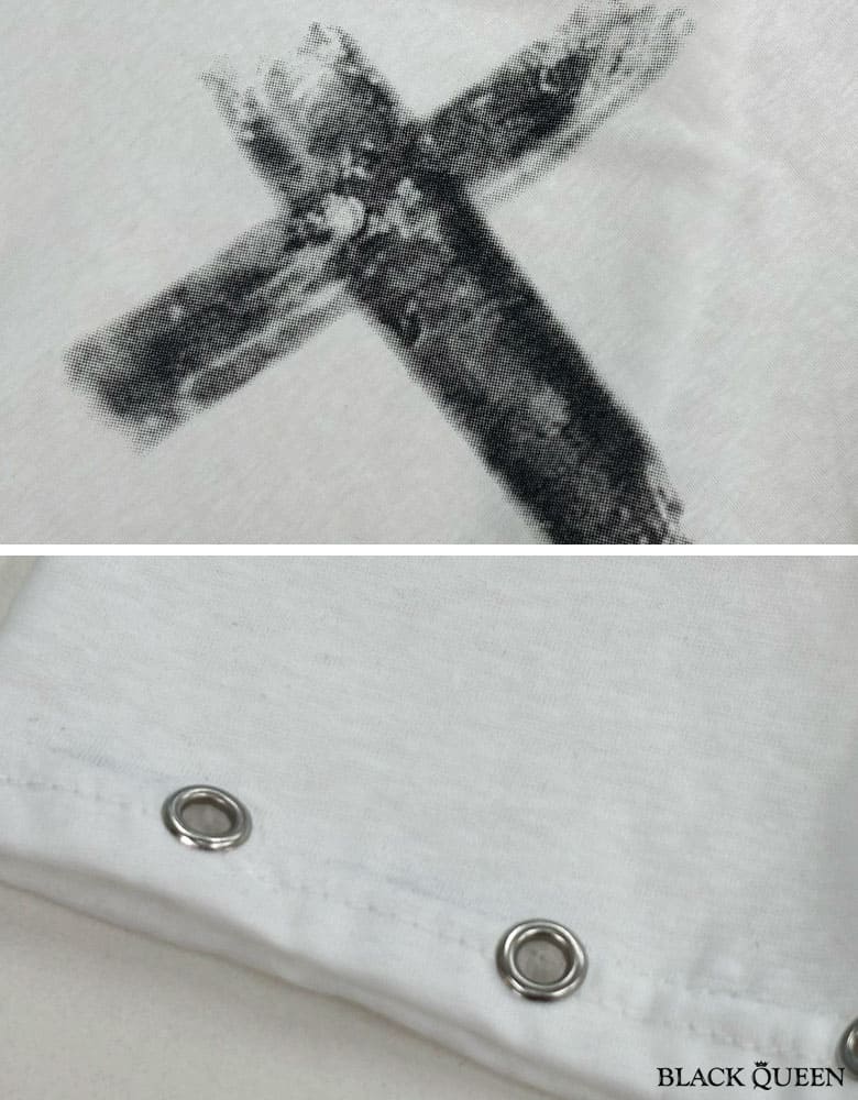 Sleeve eyelet cross print T